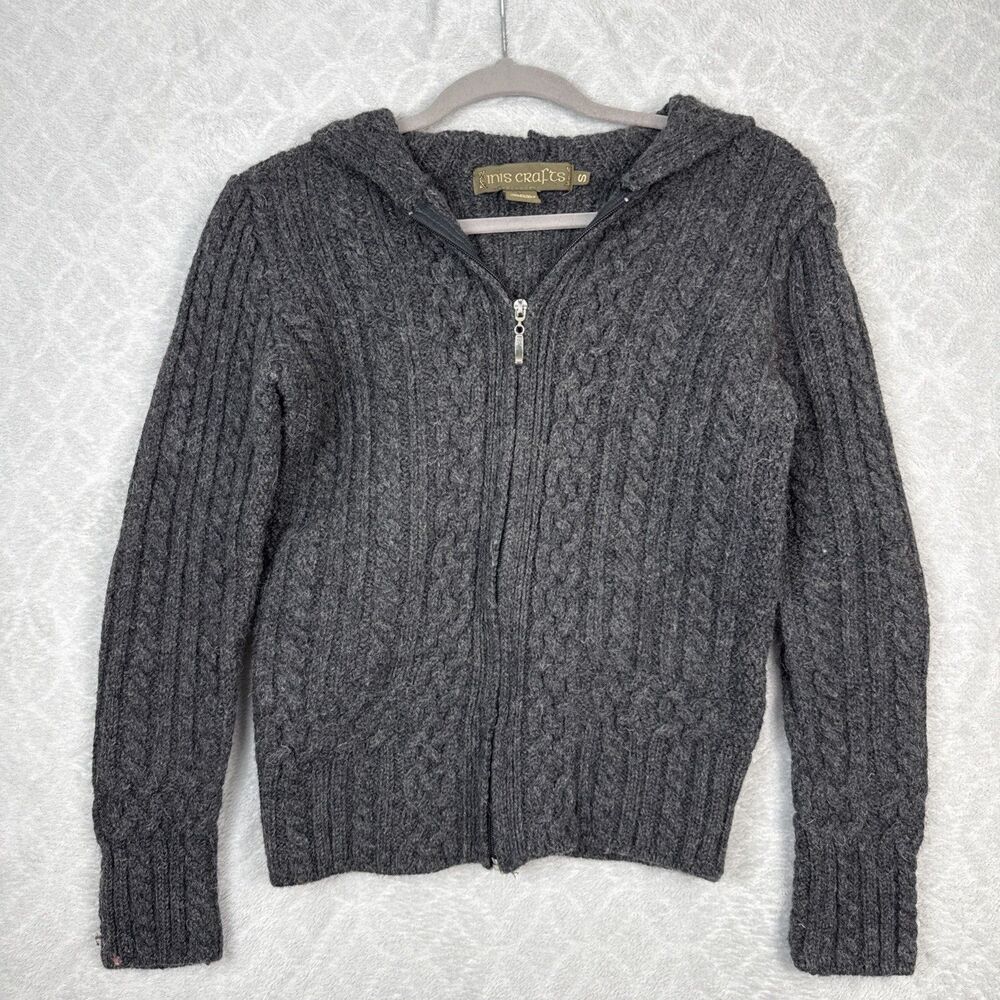 Inis Crafts Cardigan Sweater Womens Small Gray Ireland Wool Knit Full Zip Hooded